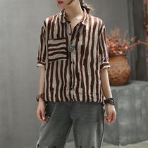 Retro cotton loose striped shirt women summer new 2023 short sleeve thin shirt design feels niche tops