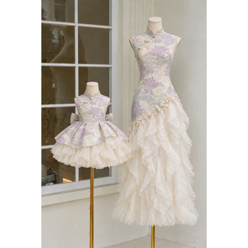 New Chinese-Style Mother-Daughter Matching Outfit, Improved Qipao Dress, Traditional Chinese Style Stand Collar, Fishtail Mesh Skirt, Suitable for First Birthday Party and Wedding, Parent-Child Matching Outfit