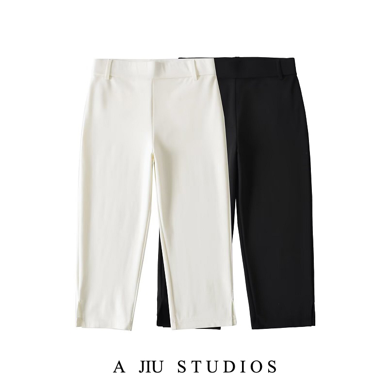 Capri Pants, Stretchy Mid-Length Pants for Women, Summer Thin Versatile Slim-Fit Side-Slit Cropped Pants, Black Casual Leggings