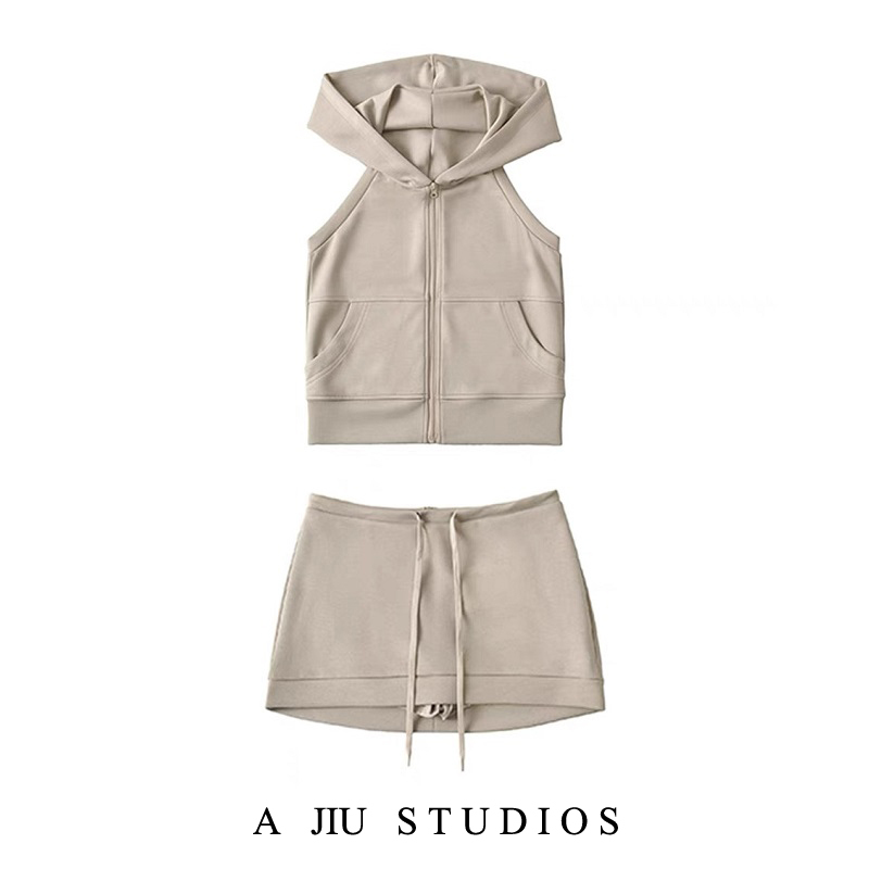 [Dove Day Dune] Wasteland Style Hooded Sleeveless Vest Women's Summer Low Waist Slim Fit Hip Skirt Suit