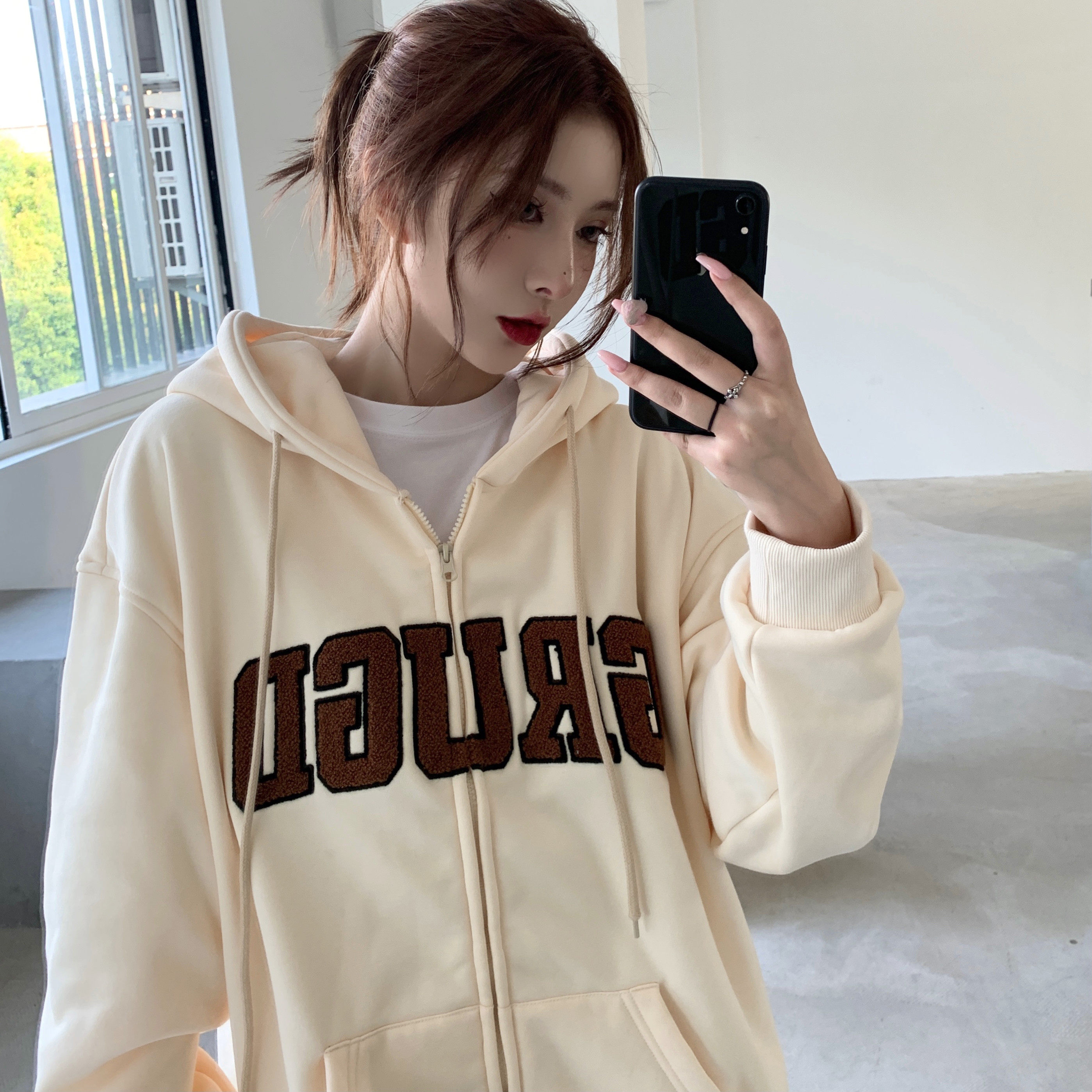GRUGD DIRBEN towel LOGO embroidered zipper top couple all-match coat loose casual thick cotton hoodie tide