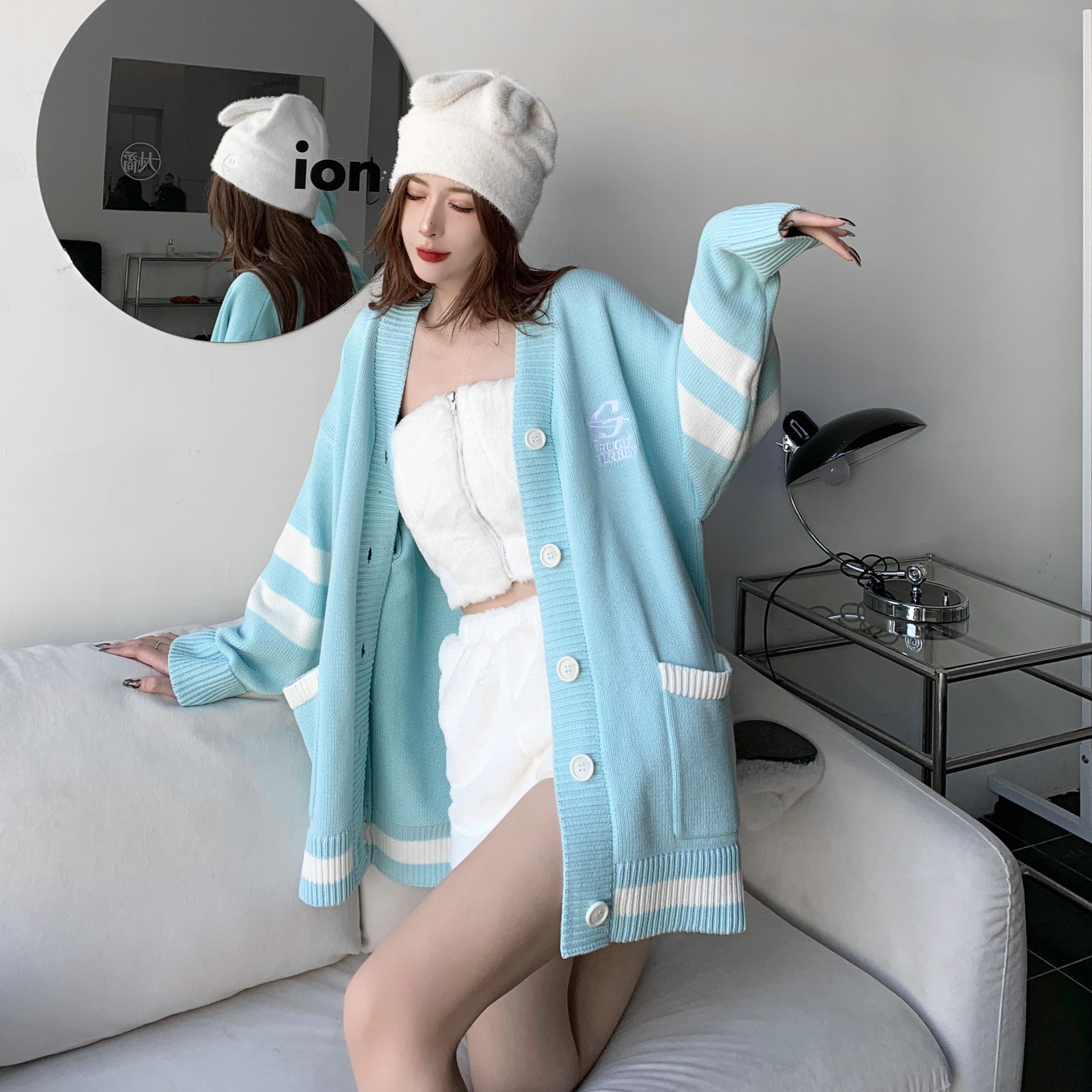 GRUGD DIRBEN Tide brand light blue embroidered LOGO sweater jacket all-match ins knitted cardigan jacket female