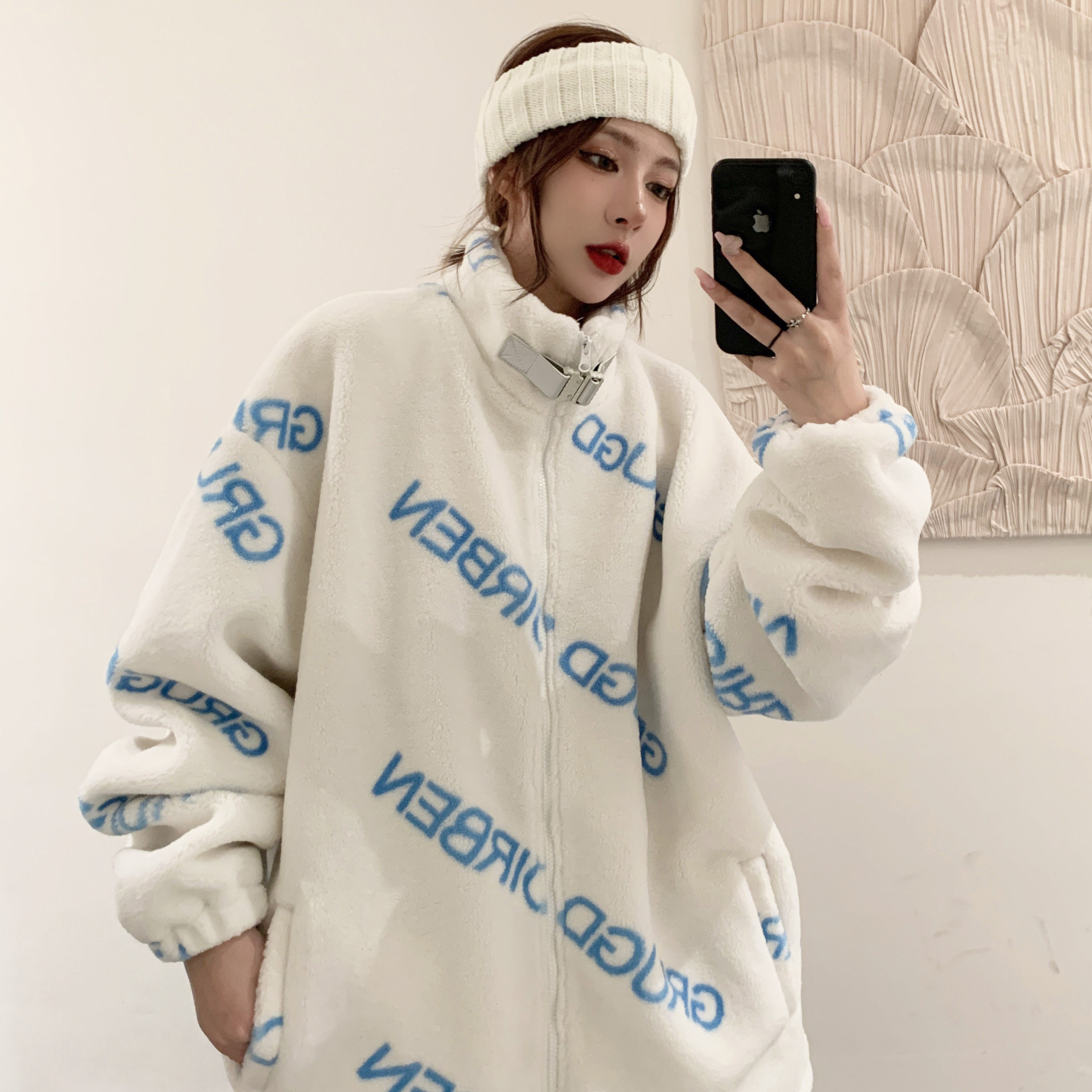 GRUGD DIRBEN full printed letter lamb suede jacket loose ins stand collar blouses lamb wool suit female tide 