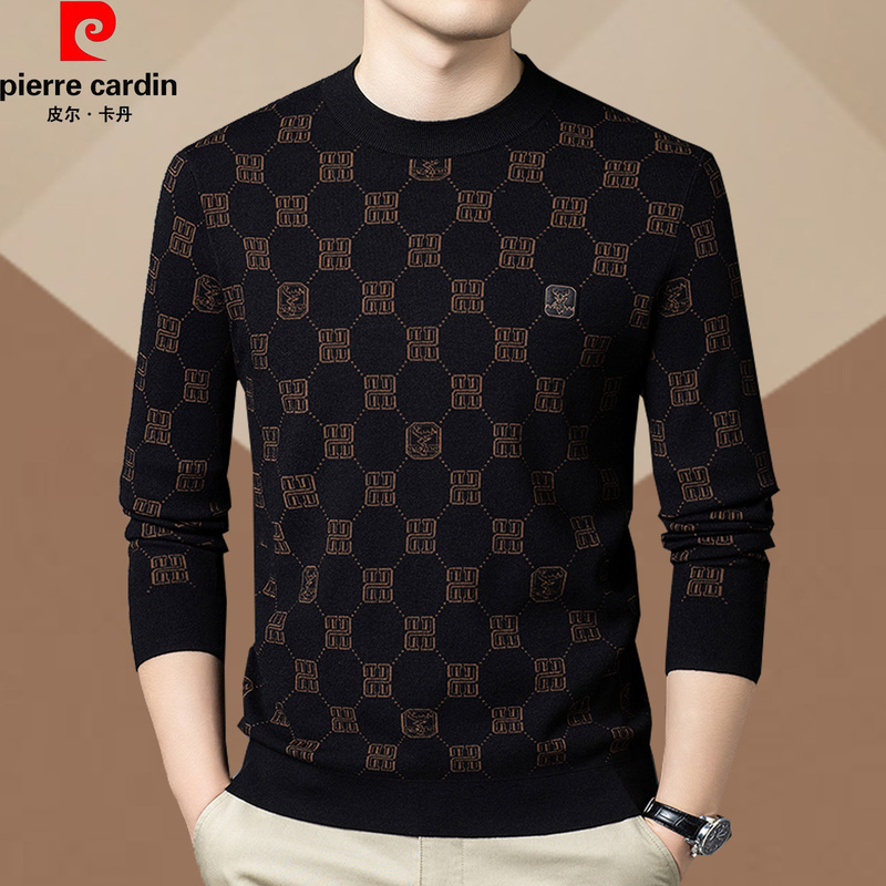 French Pierre Cardin Spring and Autumn Cashmere Wool Sweater Men's New Jacquard Crew Neck Knit Sweater Base Layer Shirt