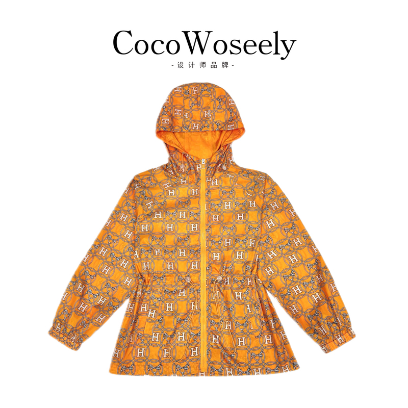 [Vazslve/Original Design] Orange H-Print Wide Hooded Sun Protection Jacket 2025 Summer Coat