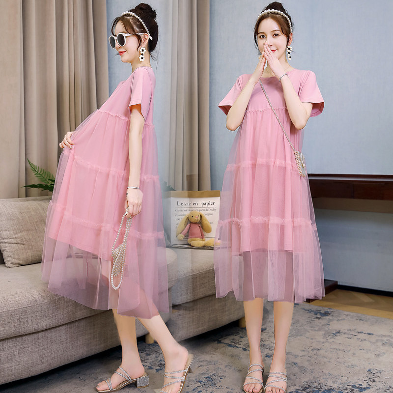 Pregnant Woman Summer Dress Foreign Dress Medium Long Version Short Sleeve Pregnant Woman Dress Summer Gestation Woman Dress Summer Suit Net Red Spring New Blouse