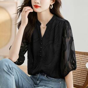 Thin Black Short-Sleeved Chiffon Shirt for Women, New Summer Style, Fashionable and Stylish, Lace Splicing Shirt, Loose Belly-Covering Top