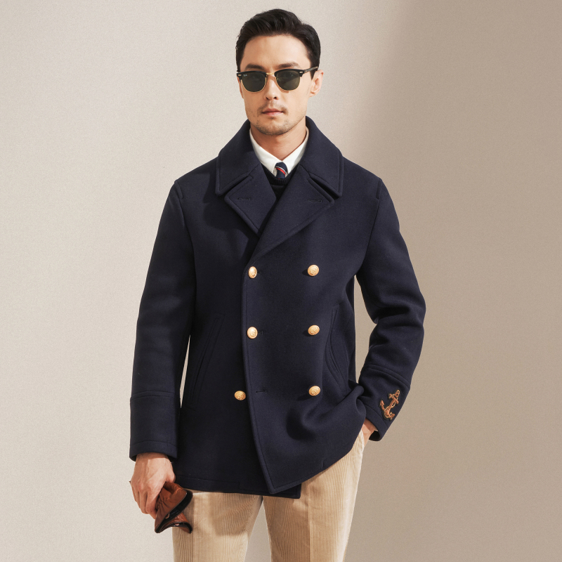 Abbey Road Autumn and Winter Imported Australian Wool Classic Navy Pea-Coat Double-Breasted Gold Button Retro Parka Short Coat