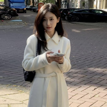 Autumn and winter korean heroine atmosphere fur coat oblique button retro waist slimming wool coat coat long and short styles