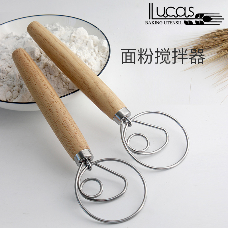 Lucas Flour Stirring Rod Eggbeater 304 Stainless Steel Coil Stirrers Handheld Agitators Solid Wood Handle