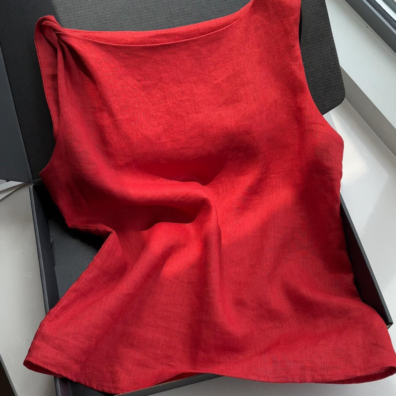 A Favorite Recommendation! Red Linen Tank Top for Women, Summer Design with Irregular Twisted Shoulder Straps, Sleeveless Top