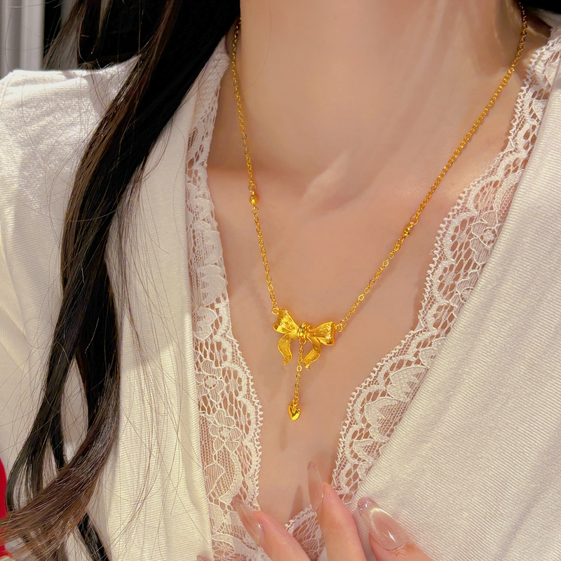 Fugitive Princess Bowknot Heart Gold Necklace Imitation Gold Silver-Plated Clavicle Pendant Valentine's Day Gift for Girlfriend