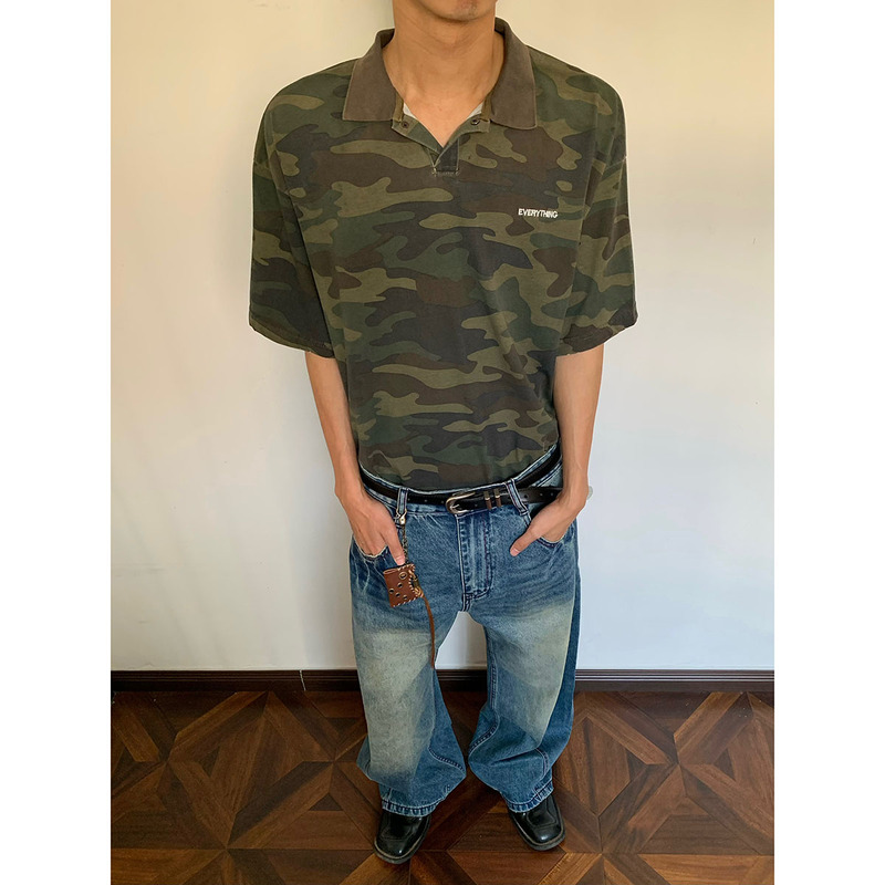 Base American Retro Letter Embroidery Camouflage Polo Shirt Short-Sleeved Spring New Street Style Loose Top for Men and Women