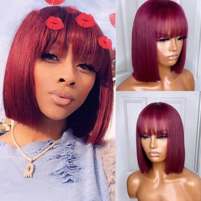 Foreign Trade 99J European and American Style Wig with Straight Bangs, Bob Cut, Burgundy Color, Real Human Hair