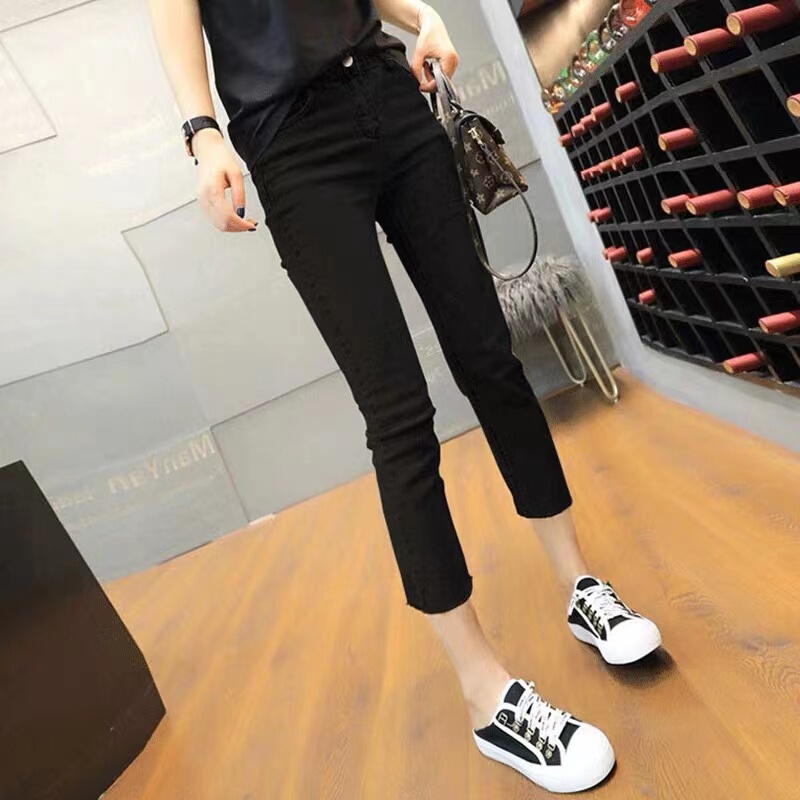 Women's Cropped Jeans, Spring/Summer New Style, Petite Size, 8-9 Length, Stretchy, High-Waisted, Slimming, Black Straight-Leg Cigarette Pants