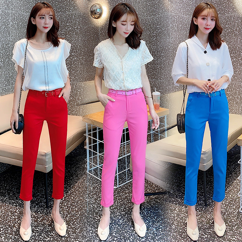 Red Women's Summer Thin Straight-Leg Cropped Slim-Fit Casual Suit Pants for Petite Figures, Eight-Point Cigarette Pants