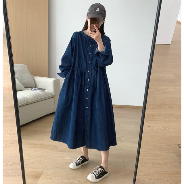 Fine rice custom style Korean casual denim shirt skirt skirt round neck long sleeve single breasted dress loose pleated skirt for women