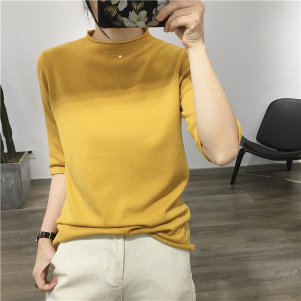 Nhà gạo mỹ [12 màu] Han Fan nửa cổ cao màu rắn đầu uốn xoăn nửa tay áo đan đáy áo len mùa thu đông bán áo len nữ