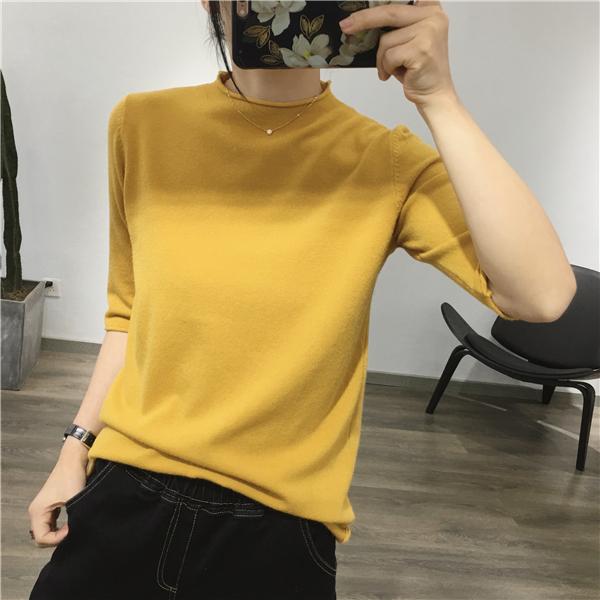Nhà gạo mỹ [12 màu] Han Fan nửa cổ cao màu rắn đầu uốn xoăn nửa tay áo đan đáy áo len mùa thu đông bán áo len nữ