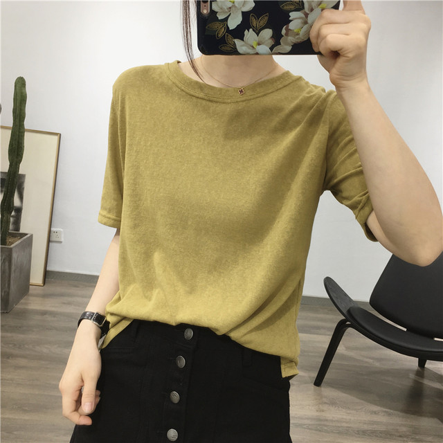 Fine rice custom summer new basic comfortable skin-friendly loose round neck solid color short-sleeved linen T-shirt V-neck top