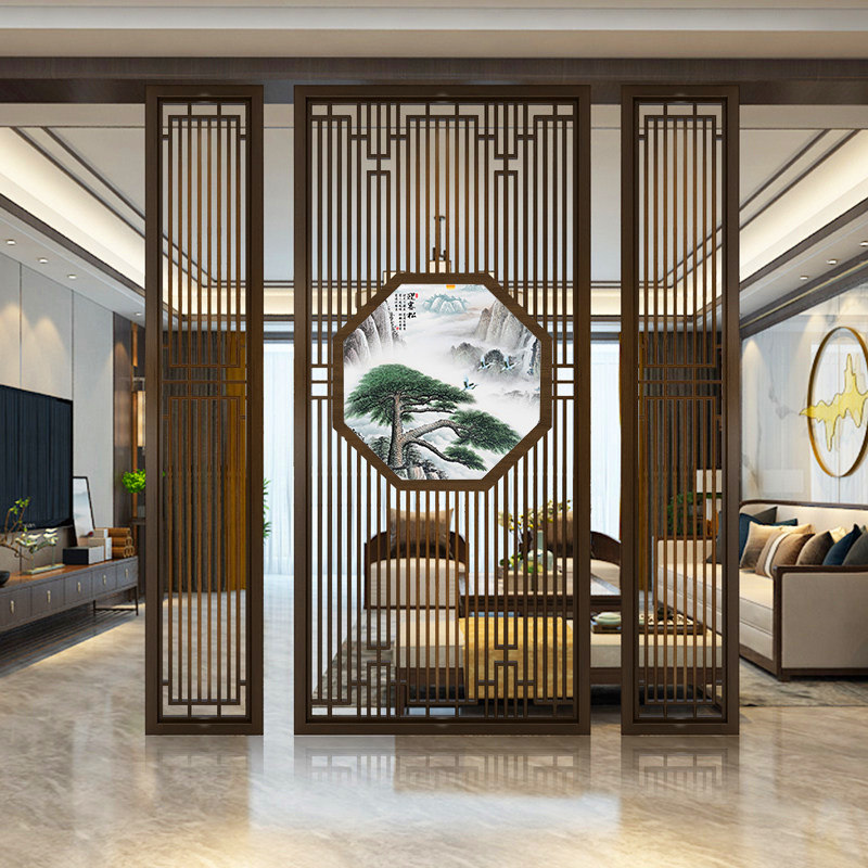 New Chinese solid wood screen Entry into the family Xuanguan Gate Hall Walnuts Living-room Compartment Wall Decoration Shelter Hollowed-out Custom Art