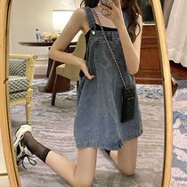 Summer Korean version of ins retro high waist loose denim strap dress female Joker small man slim dress skirt tide