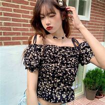 One-word shoulder clavicle top female bubble sleeve short sleeve sexy versatile temperament 2021 New Korean version of chiffon floral flowers