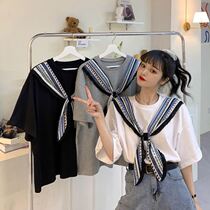 Retro literary silk scarf fake two short sleeve T-shirt female spring and summer college style large size slim Joker half sleeve shirt