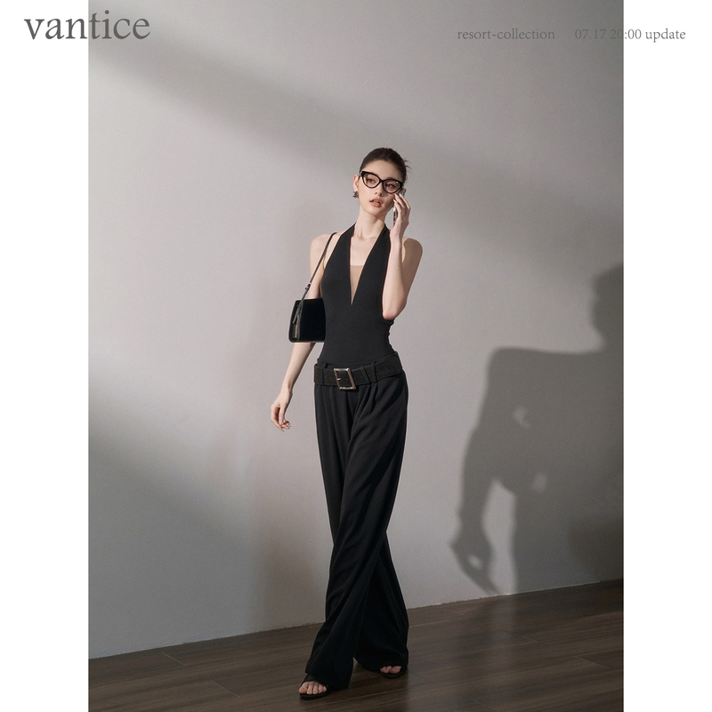 Vantice High-End Fashionable Halter Deep V-Neck Sleeveless Jumpsuit with Black Belt and Wide-Leg Pants Vantice High-End Fashionable Halter Deep V-Neck Sleeveless Jumpsuit with Black Belt and Wide-Leg Pants