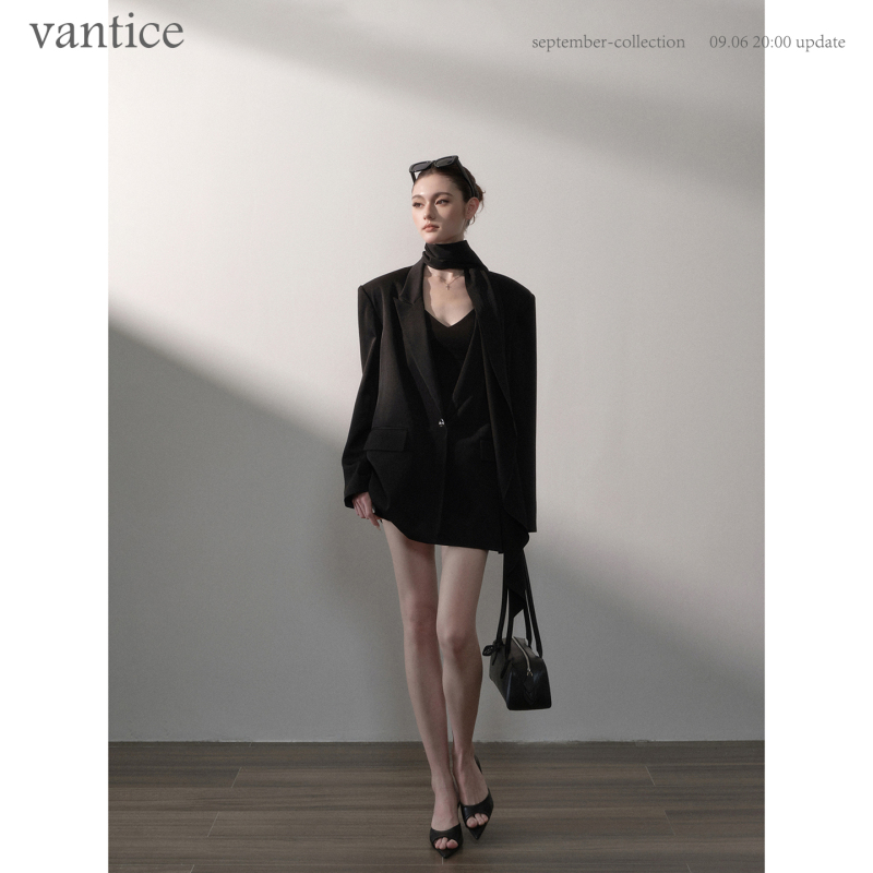 Vantice Autumn and Winter High-End Loose-Fitting Blazer with Scarf, Elegant Ladylike Shoulder-Padded Black Suit Coat