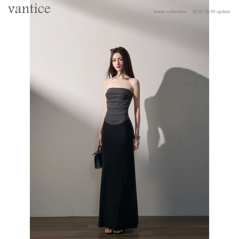 Vantice High-End, Elegant, Light Luxury Tube Top A-Line Long Dress, Stretchy Knit Faux Two-Piece Long Dress