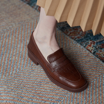 Orange peel CHEN brown retro Inn wind small leather shoes with square head Lefu shoes Crocodile genuine leather Single shoe woman