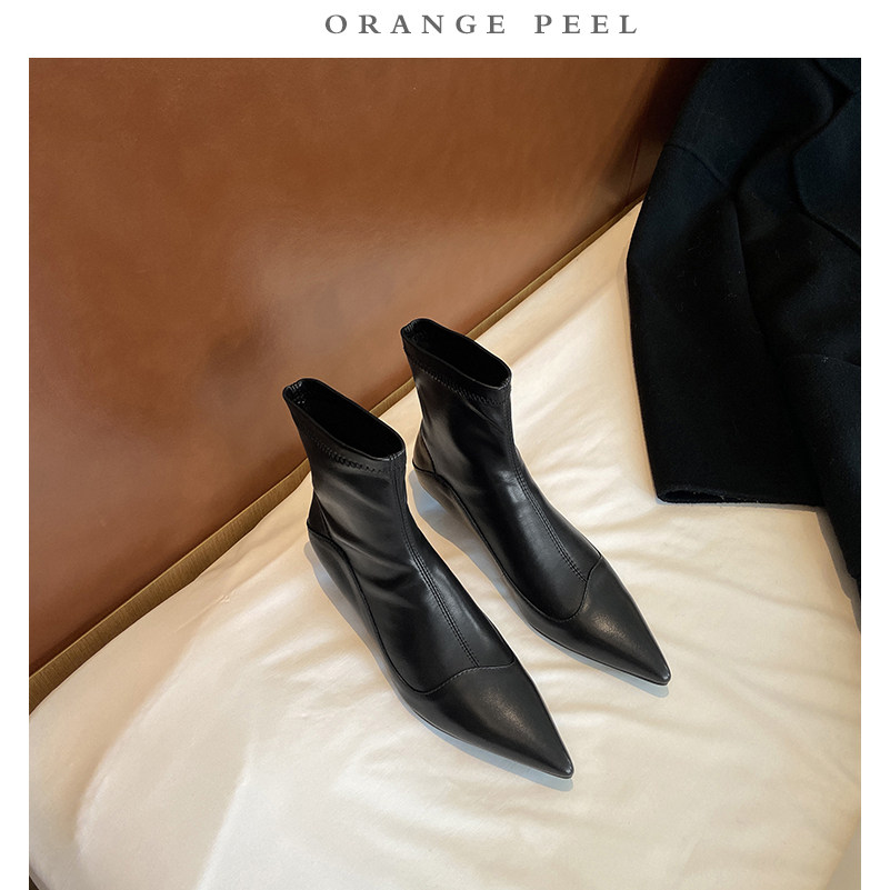 Orange Peel CHENID Korean Version Pointed Short Boots Woman 2021 Autumn Winter New Low Heel Soft Leather Display Slim Boots and Naked Boots
