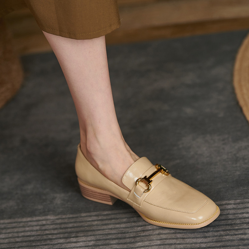 Orange peel CHEN~ super soft~ new square toe leather bag shoes women's retro British small leather shoes in thick heel loafers