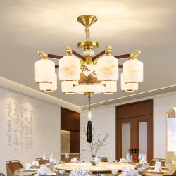 Song-Style Aesthetics New Chinese-Style Living Room Chandelier, New Chinese-Style All-Copper Solid Wood High-End Villa Lobby Dining Room Lighting Fixtures