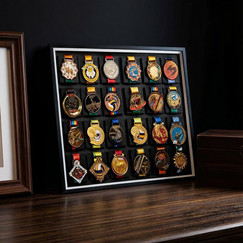 Keep Marathon Medal Display Rack Sports Gold Medal Storage Box Wall-Mounted Hollow Three-Dimensional Photo Frame Display Stand Wooden Frame