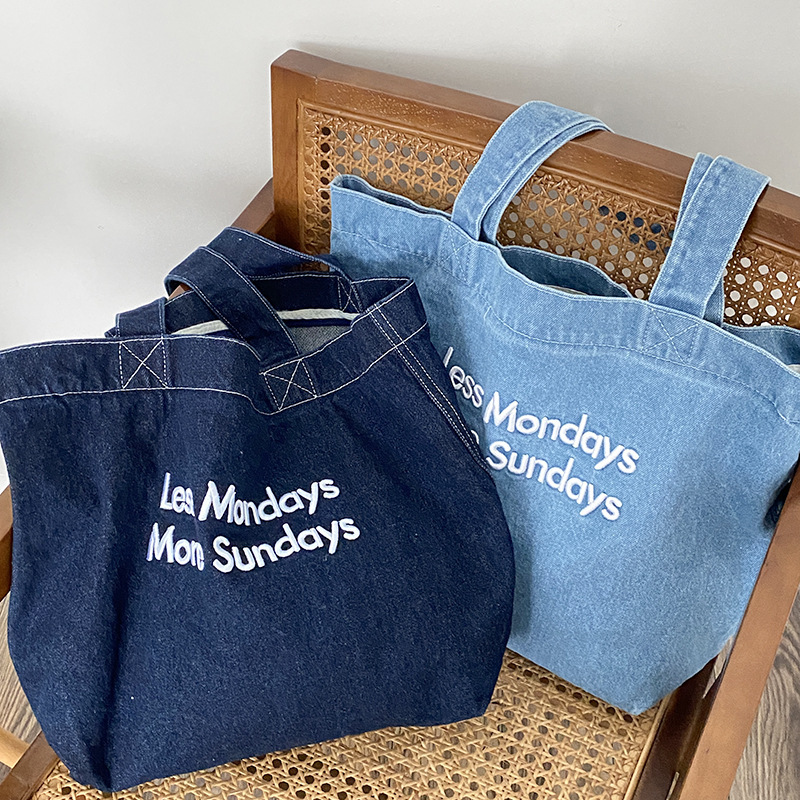 Zipper Heavy-Duty Embroidery New Autumn and Winter Retro Denim Shoulder Bag Large Capacity Tote Bag Student School Bag Denim Bag