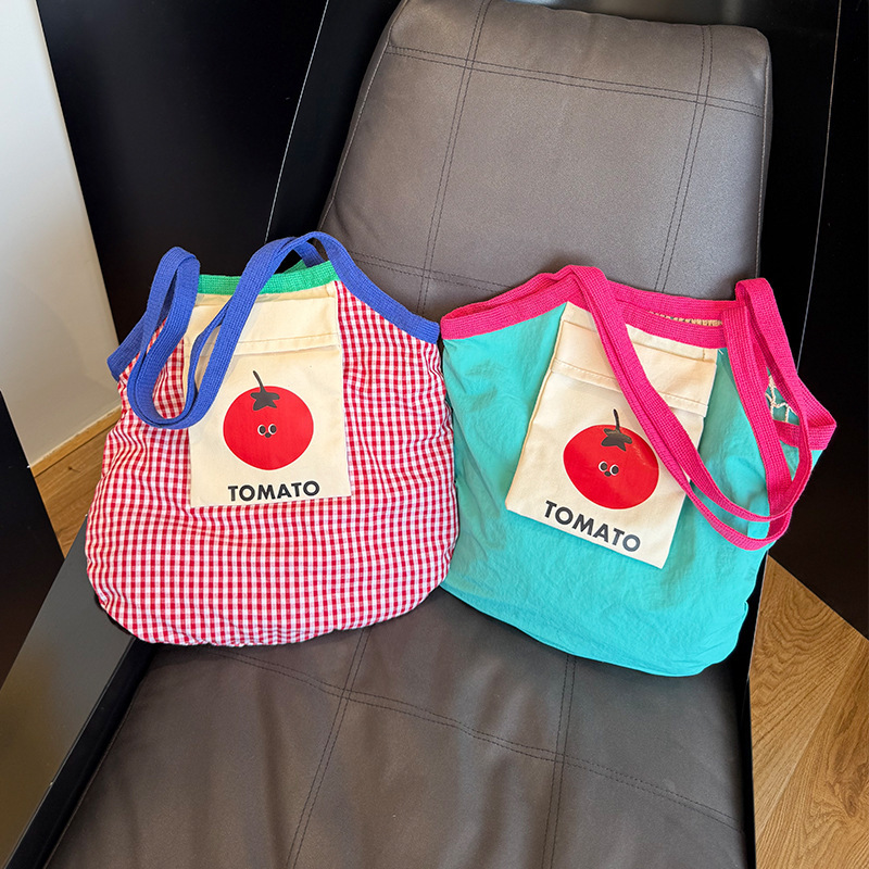 Vacation-Style Canvas Bag for Women, Single Shoulder Bag, Reversible Beach Bag, Mesh Pocket, Plaid Woven Bag, Large Capacity Bag, Hollow Design