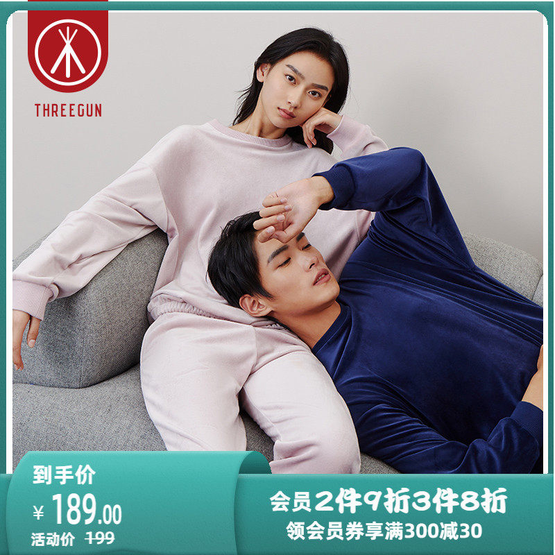 Three-gun sweatshirt couple baby fleece autumn winter round neck long sleeve leggings unisex men and women home warm tops velvet shirts