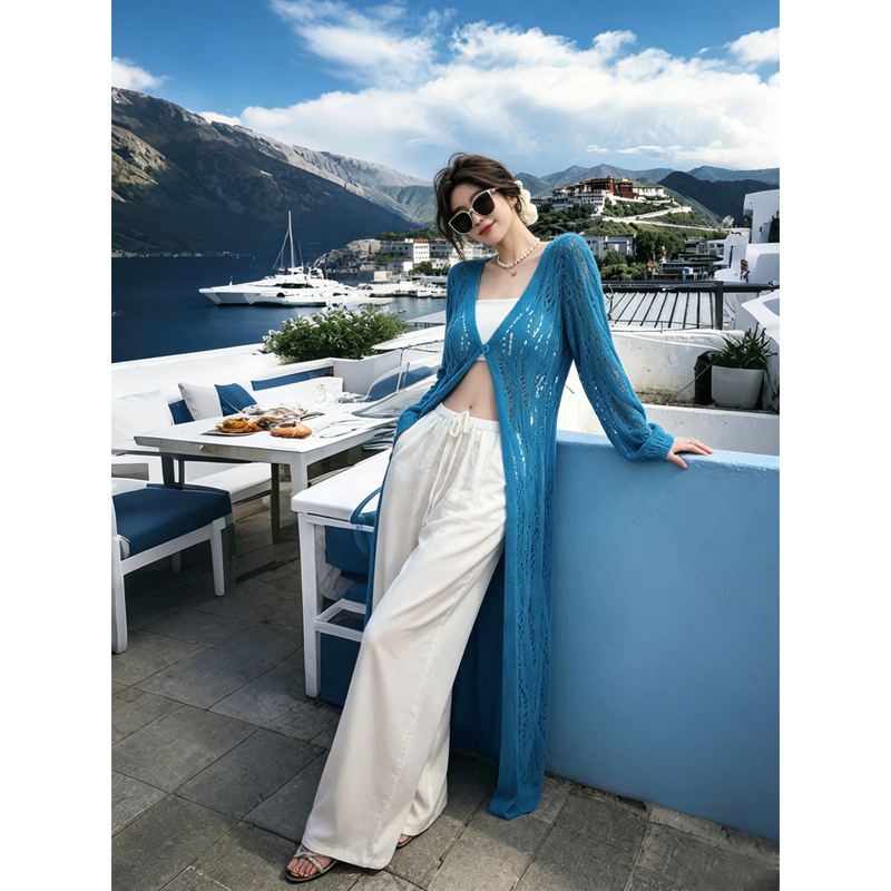 Vacation Style V Neck Knitted Cardigan for Women, Thin, Long, Slim-Fitting, Cut Out Outwear, Long-Sleeved Sun Protection Blouse