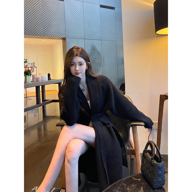 Black Lace-Up Bathrobe Knit Cardigan Mid-Length Spring New Style Lazy Style Loose Outerwear Sweater Jacket for Women Black Lace-Up Bathrobe Knit Cardigan Mid-Length Spring New Style Lazy Style Loose Outerwear Sweater Jacket for Women