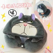 Cute cartoon Lucifer cat hooded U-shaped neck pillow student nap pillow travel airplane hooded u-shaped pillow