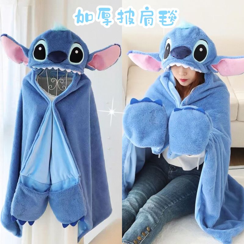 Cartoon Cute Stitch Hooded Cloak Student Shawl Thickened Warm Nap Cape Office Air Conditioning Blanket