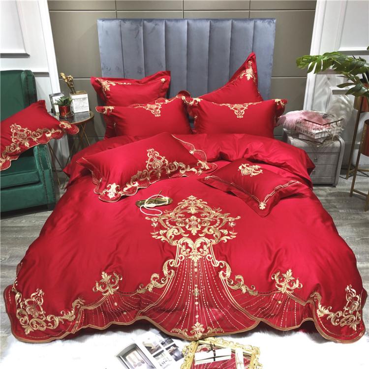 High-end 80-count pure cotton embroidery wedding four-piece set, European-style palace heavy embroidery red wedding 1 8m bedding