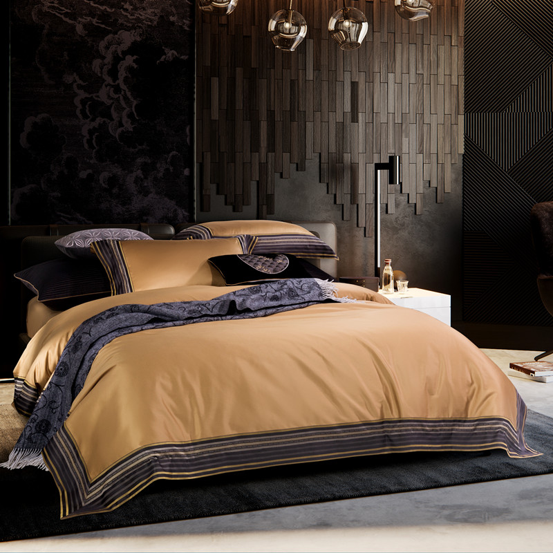 American style 140-count pure cotton four-piece set light luxury digital printing contrasting color Egyptian long-staple cotton simple solid color 1 8m bed