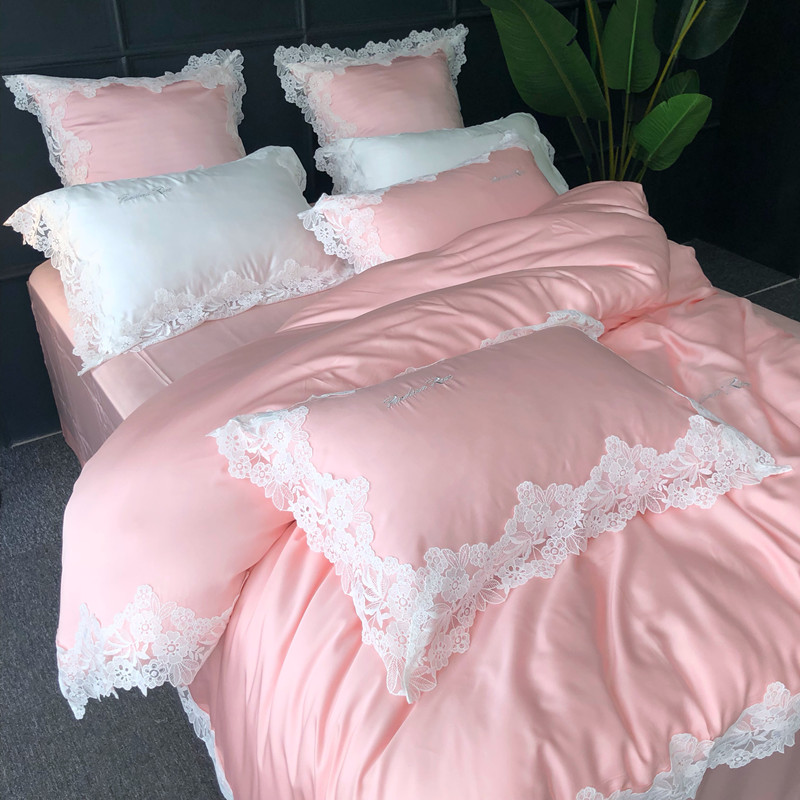 French Tencel Lace Four-piece Set European Princess Style Small Fresh Silky Naked Sleeping 1 8m Model Room Wedding Bedding