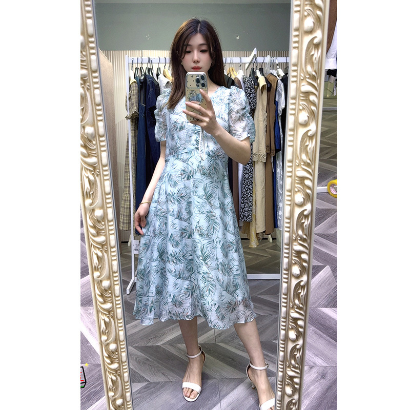 Keluosa Genuine Product 252584 Printed Long Dress, Loose Fit, Waist-Cinching, Slimming Dress with V-Neck and Short Sleeves