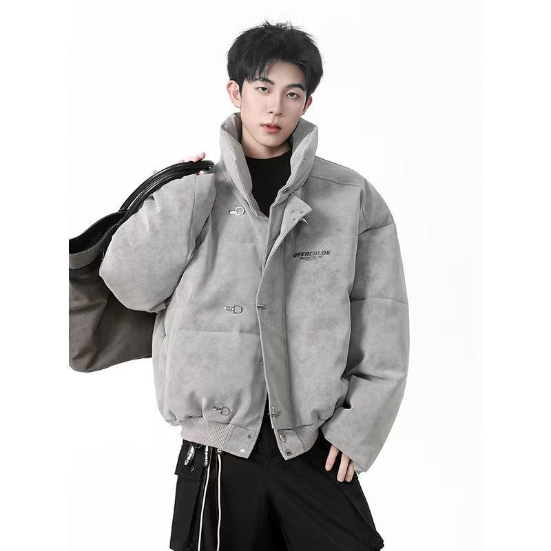 American-Style Tie-Dye Pu Leather down Jacket for Men, Winter Windproof and Waterproof, No-Wash Puffer Jacket with Stand Collar and Snap Buttons, Trendy Cotton Coat