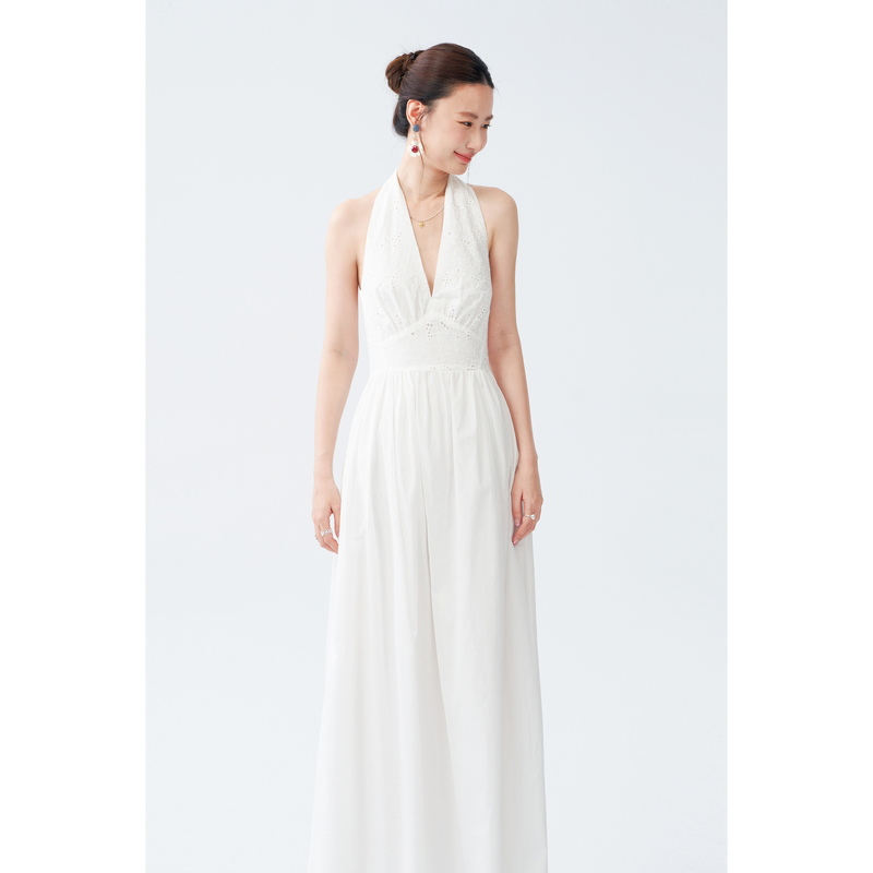 White V-Neck Halter Dress for Women, Summer Design with a Cinched Waist, Slimming Effect, Travel and Vacation Style, Tie-Back Long Dress