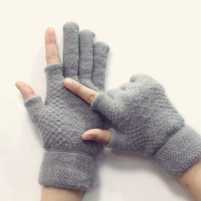 Touch screen gloves for men and women Winter warmth plus suede thickened and semi-finger hair line writing student dew Two fingers work to drive